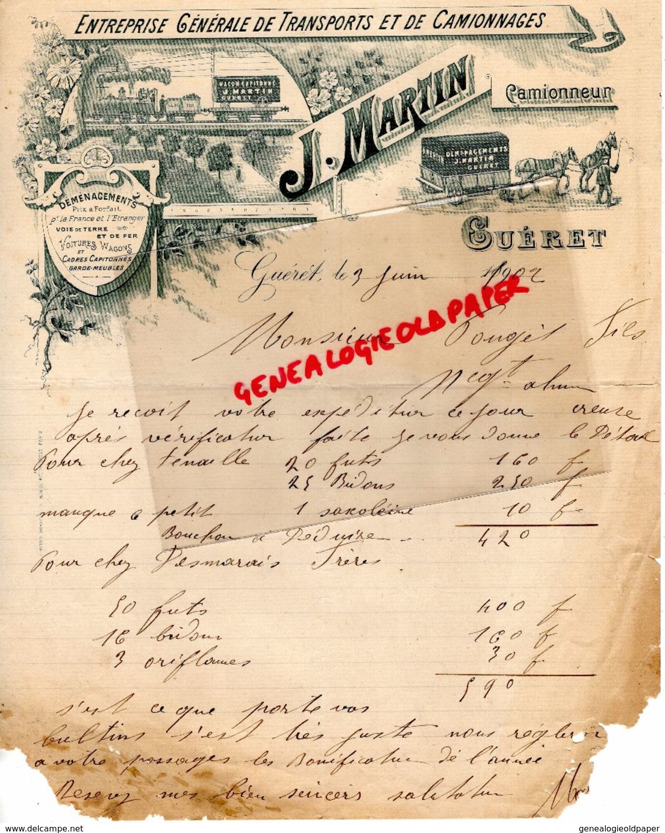 23 - GUERET - FACTURE J. MARTIN CAMIONNEUR- TRANSPORTS CAMIONNAGES-DEMENAGEMENTS-1902 - Petits Métiers