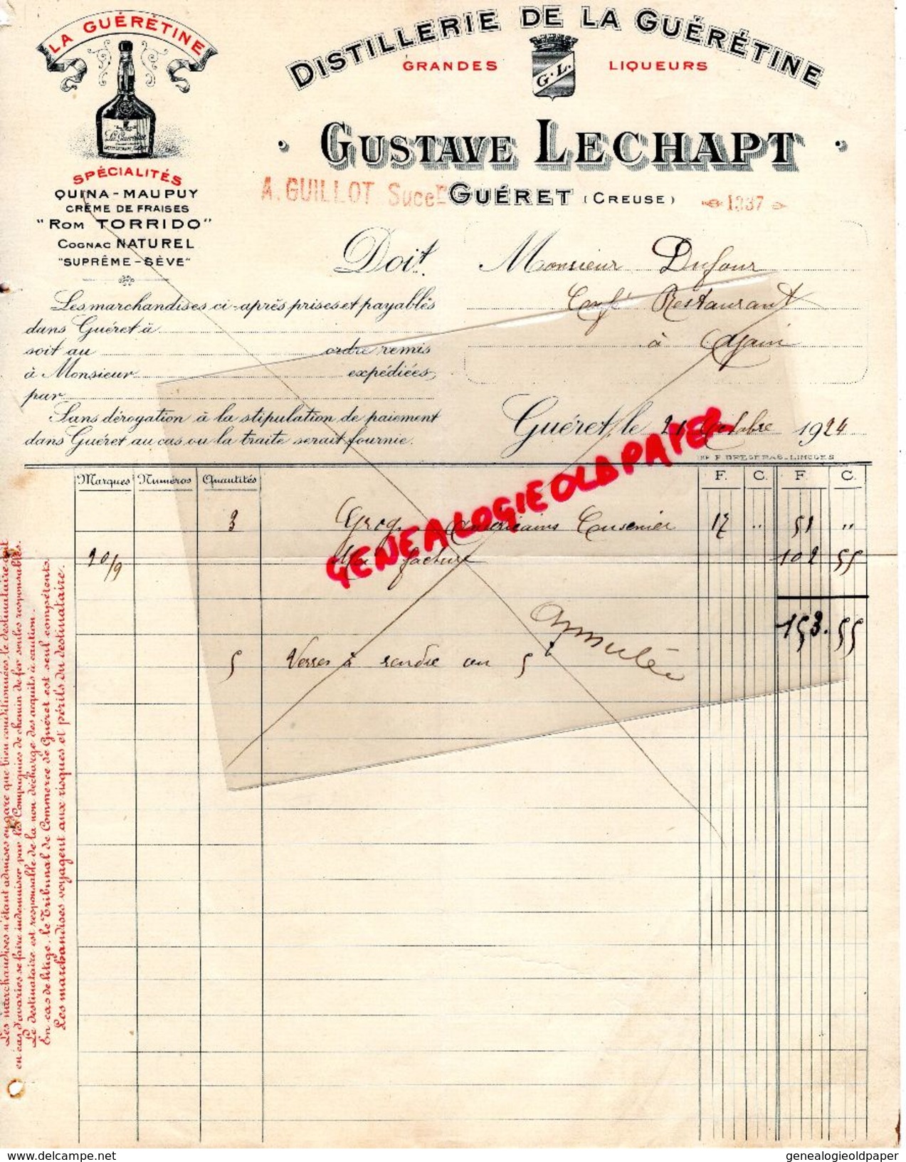 23 - GUERET - FACTURE GUSTAVE LECHAPT -DISTILLERIE DE LA GUERETINE-ROM TORIDO-QUINA MAUPUY- A. GUILLOT SUCCESSEUR- 1924 - Old Professions