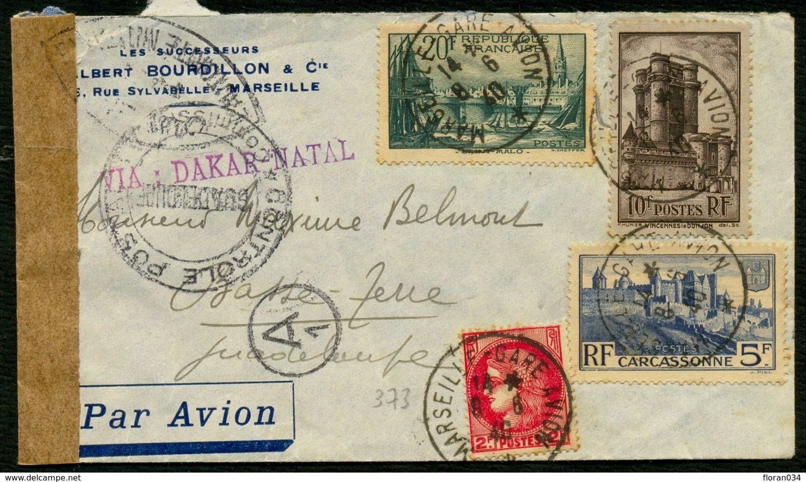 France N° 394 + 393 + 392 + 373 S/lettre Censurée Par Avion 8-6-40 Pour La Guadeloupe - TTB Qualité - Covers & Documents