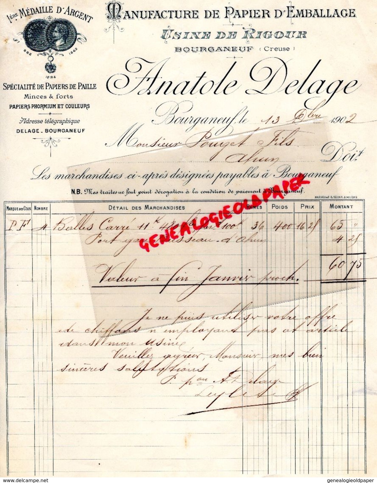 23 -BOURGANEUF - FACTURE USINE DE RIGOUR- MANUFACTURE PAPIER EMBALLAGE- ANATOLE DELAGE -PAPIERS PAILLE- PAPETERIE- 1902 - Old Professions