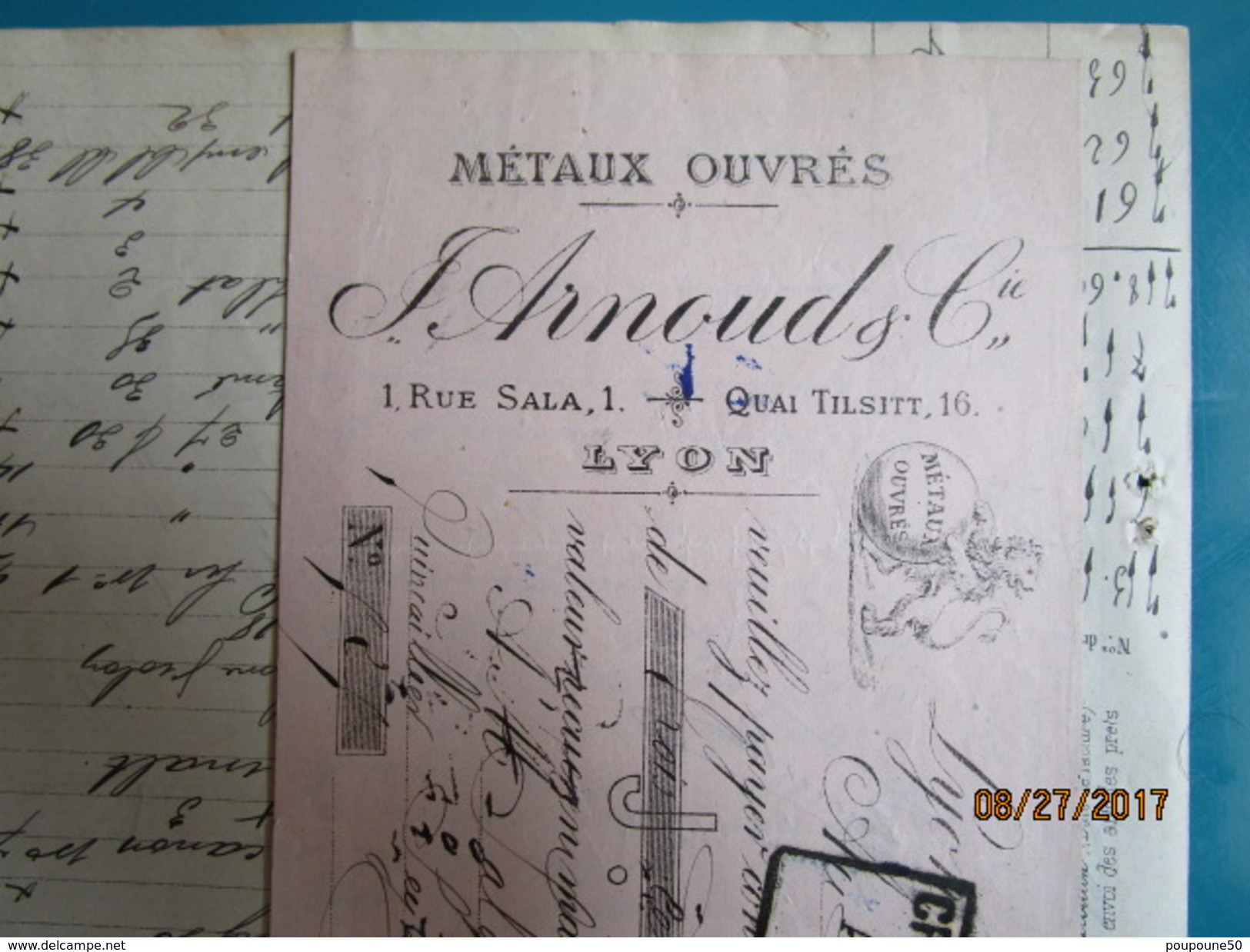 Facture & Traite 1900 J.ARNOUD & Cie Métaux Ouvrés  1 Rue Sala Quai Tilsitt à LYON Ustensils De Ménage Quincaillerie Fer - 1900 – 1949