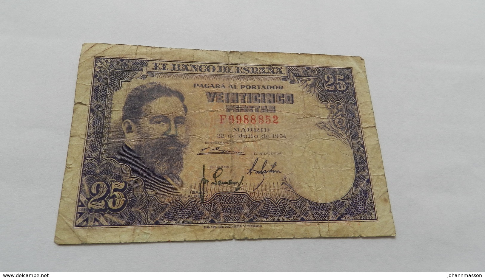 Billet  25 Pesetas   Numéros  F  9988852   De  22 Julio  1954 - 25 Pesetas