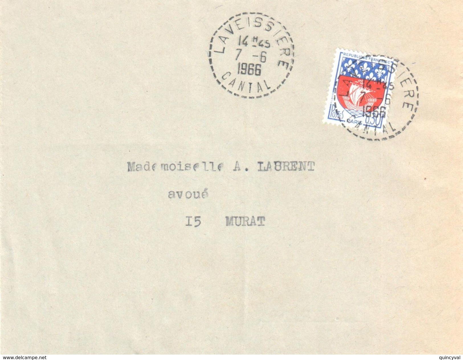 4055 LAVESSIERE Cantal Lettre 0,30 F Blason PARIS Yv 1354B Ob 1966 Facteur Boitier Type 48 Lautier B7 - Brieven En Documenten