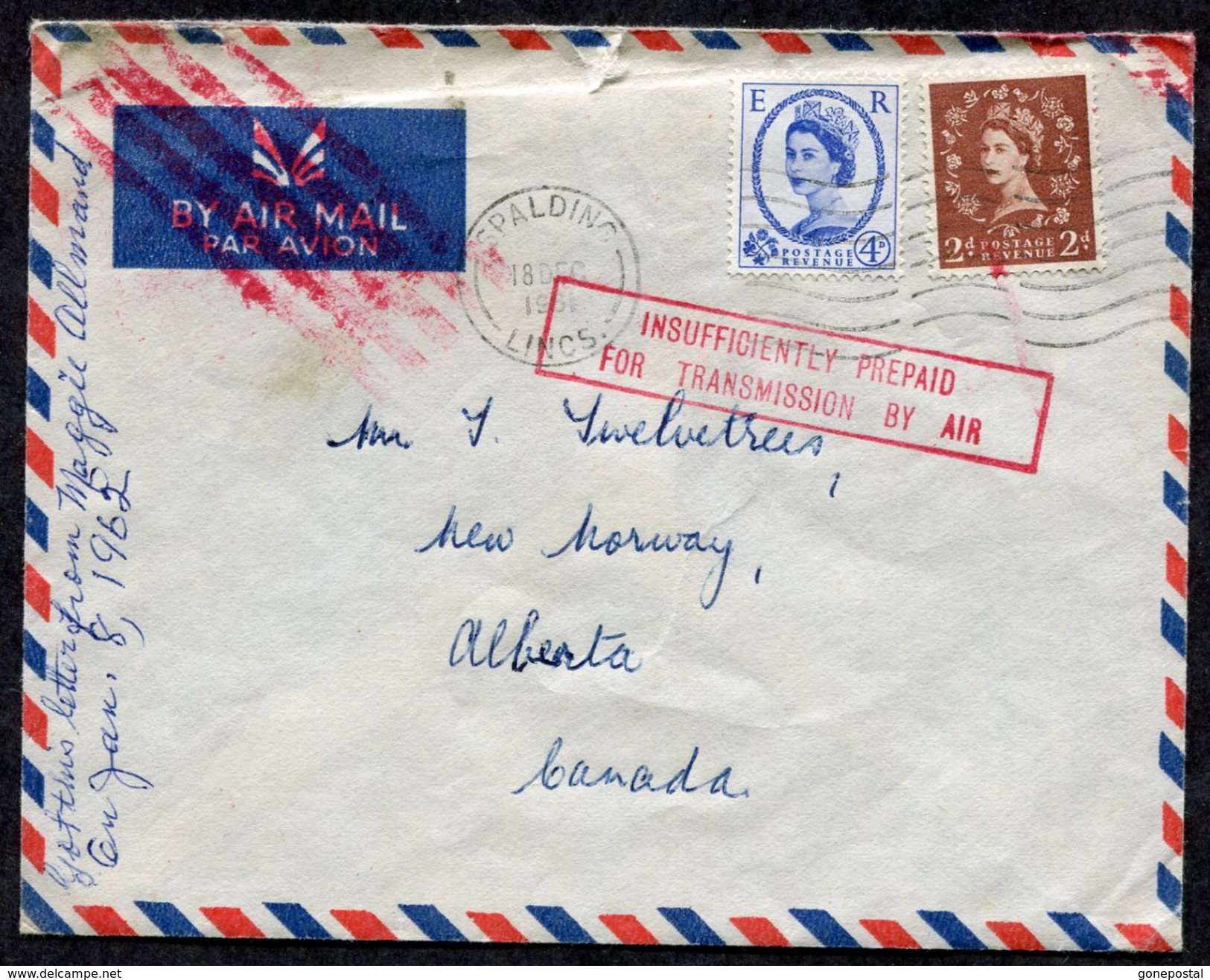 D491 - GB 1961 Cover To Canada. Auxiliary Mark. INSUFFICIENTLY PREPAID FOR TRANSMISSION BY AIR - Lettres & Documents