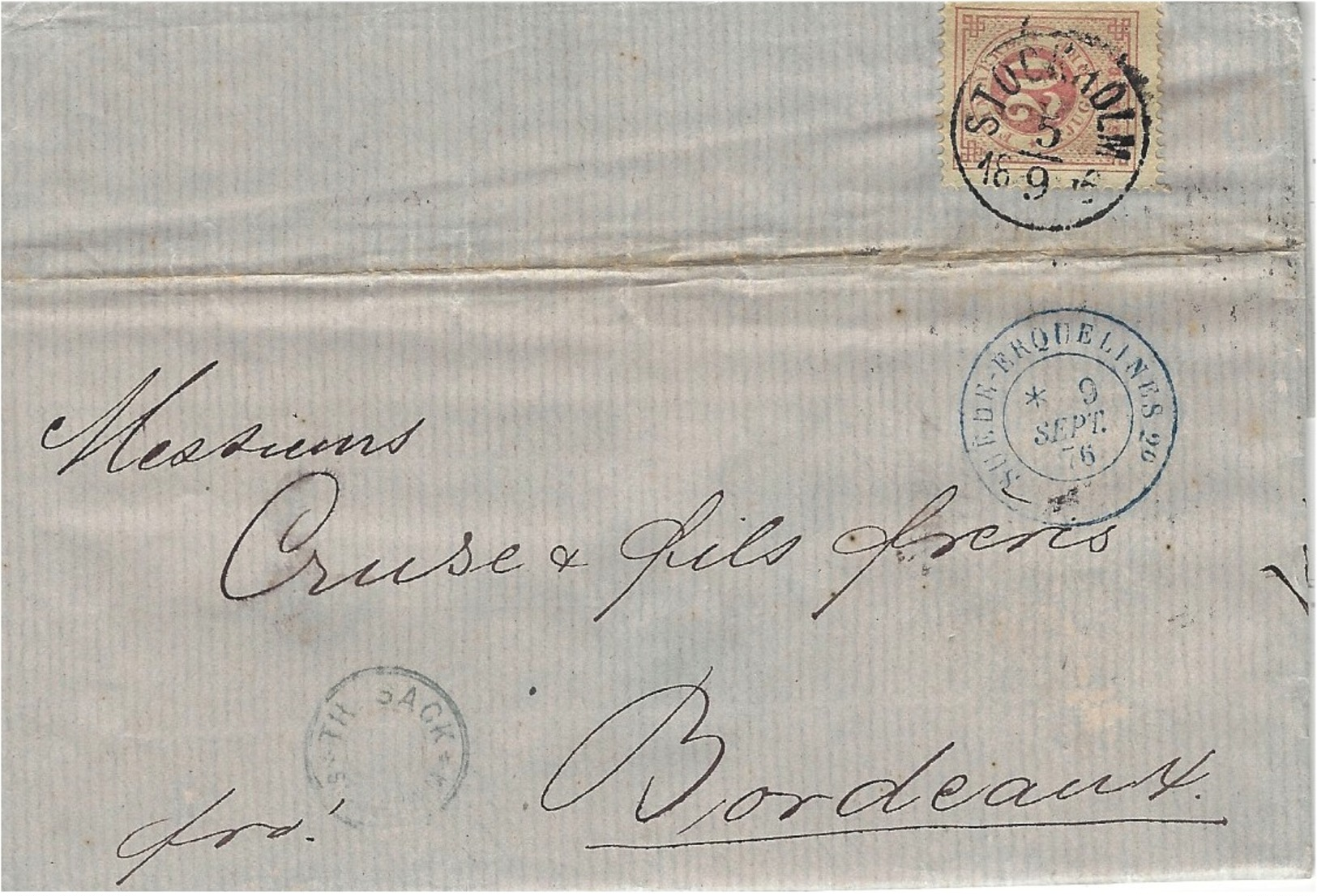 1876- Letter From STOCKHOLM   To Bordeaux ( France )  Fr. 20 Ore  +blue  French Entrée SUEDE-ERQUELINES  2° - Lettres & Documents