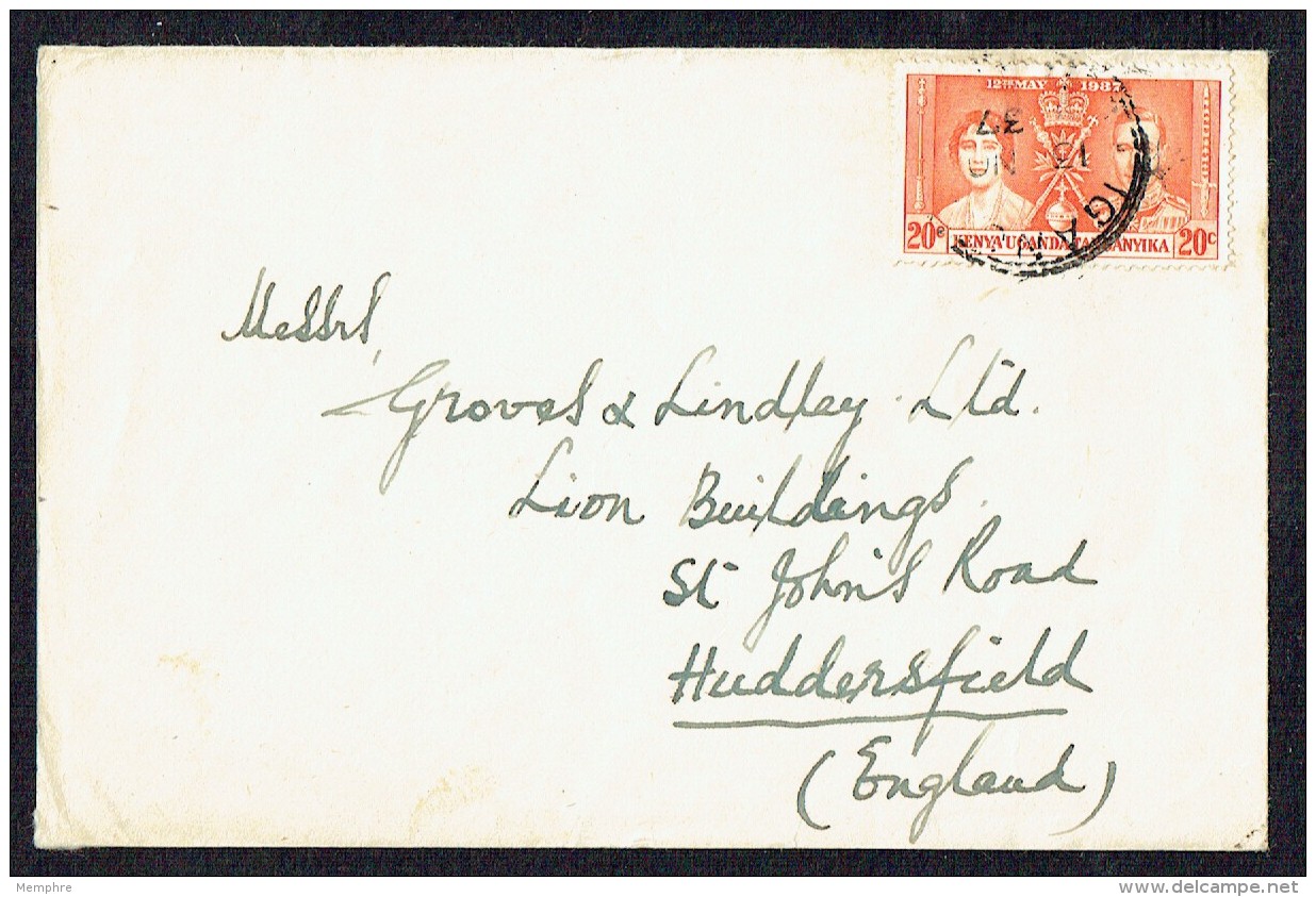 George VI Coronation 20 C SG 129 On Letter To UK - Kenya, Oeganda & Tanganyika