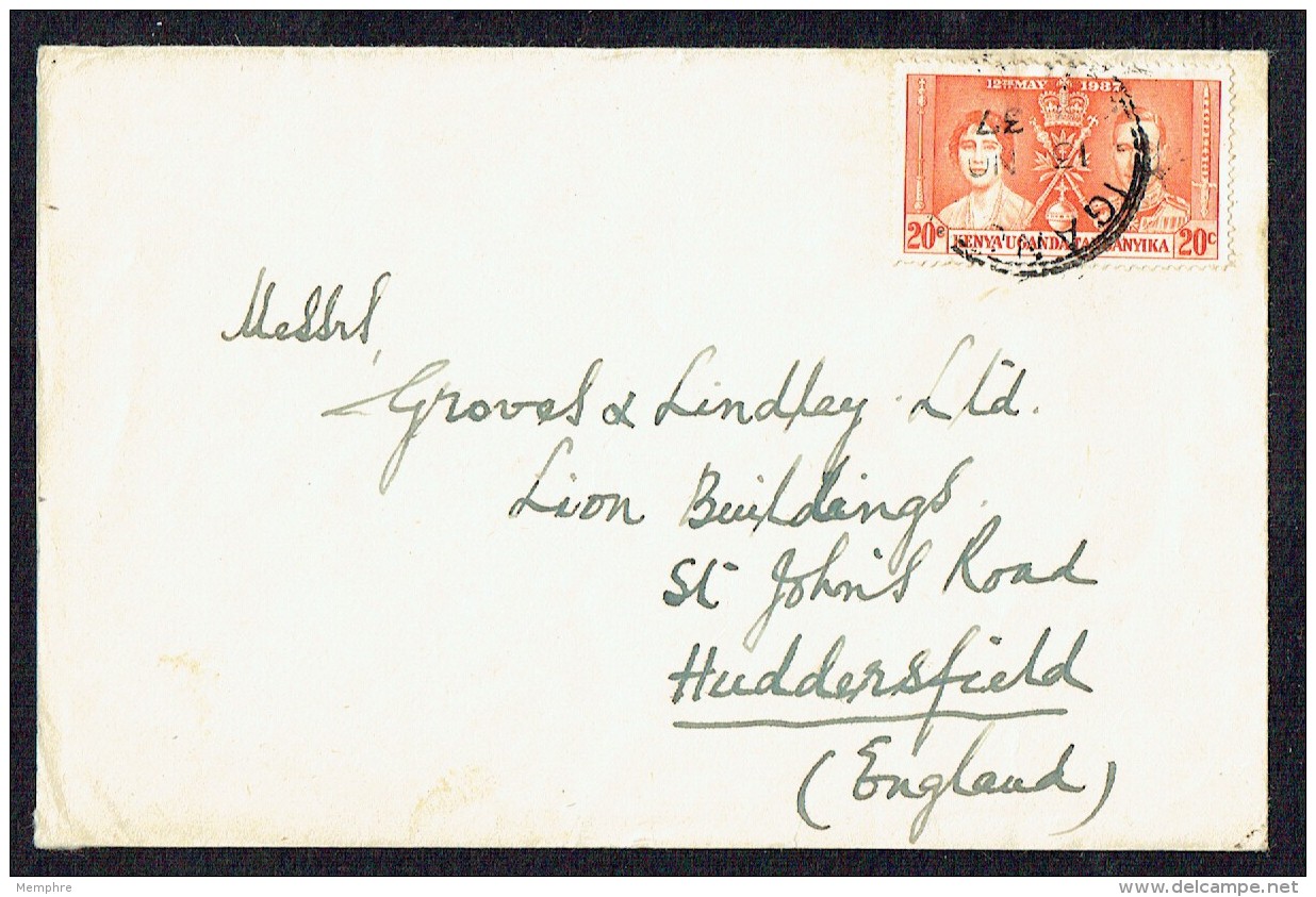 George VI Coronation 20 C SG 129 On Letter To UK - Kenya, Uganda & Tanganyika