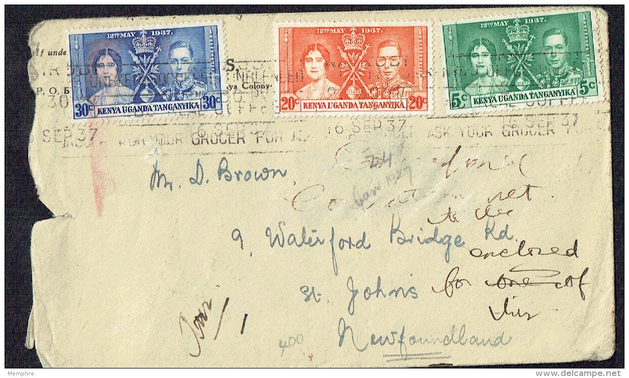 George VI Coronation Complete Set Of 3 SG 128-130 On Letter To Newfoundland - Kenya, Uganda & Tanganyika