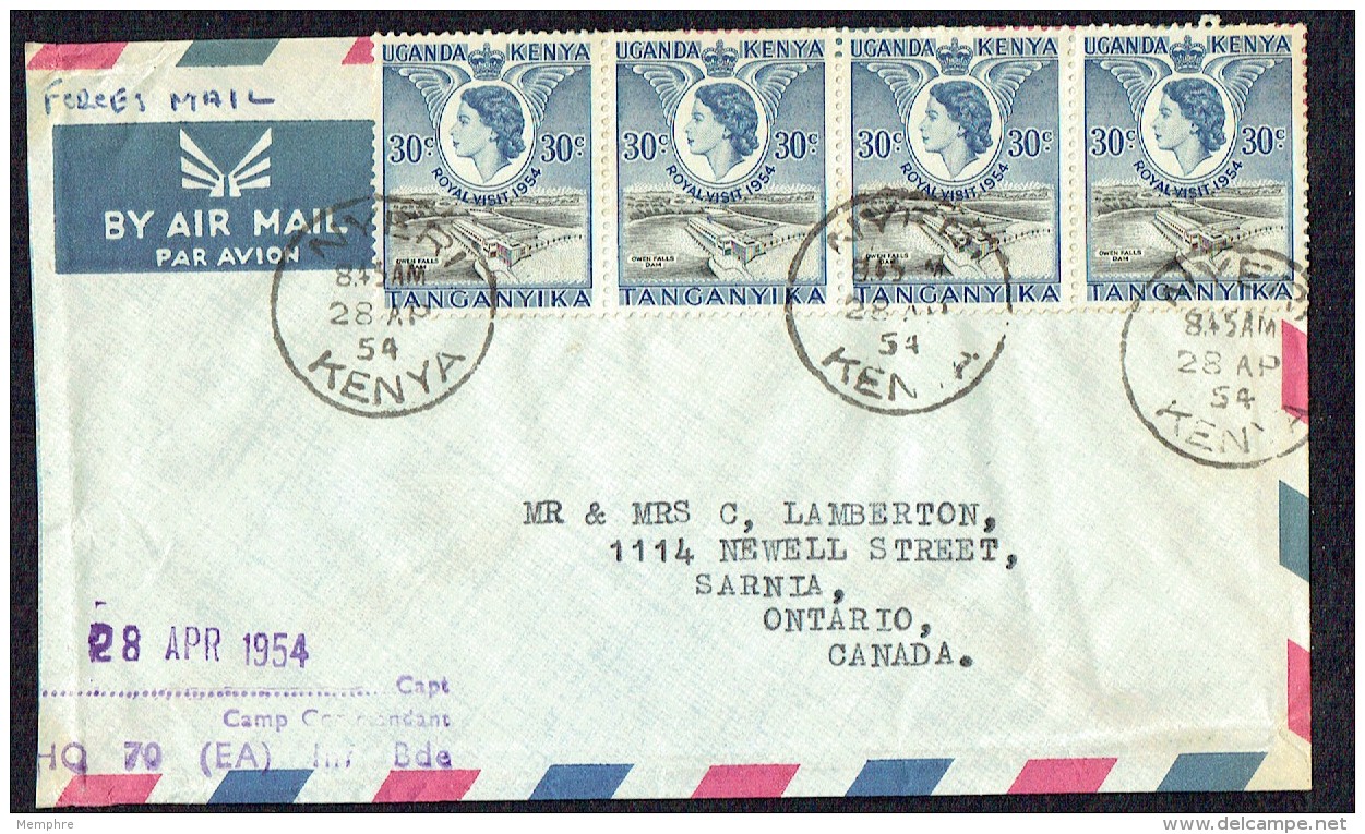 Eliz II 30 C. X4 On 1954 Air Mail Forces Letter To Canada  From Nyeri, Kenya - Kenya, Uganda & Tanganyika