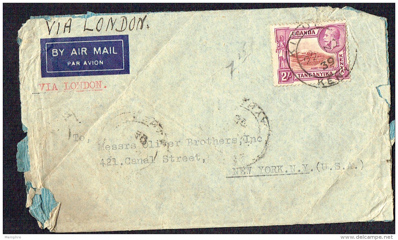 1939 Air Letter To USA  GeoV 2/- SG 119 - Kenya, Ouganda & Tanganyika
