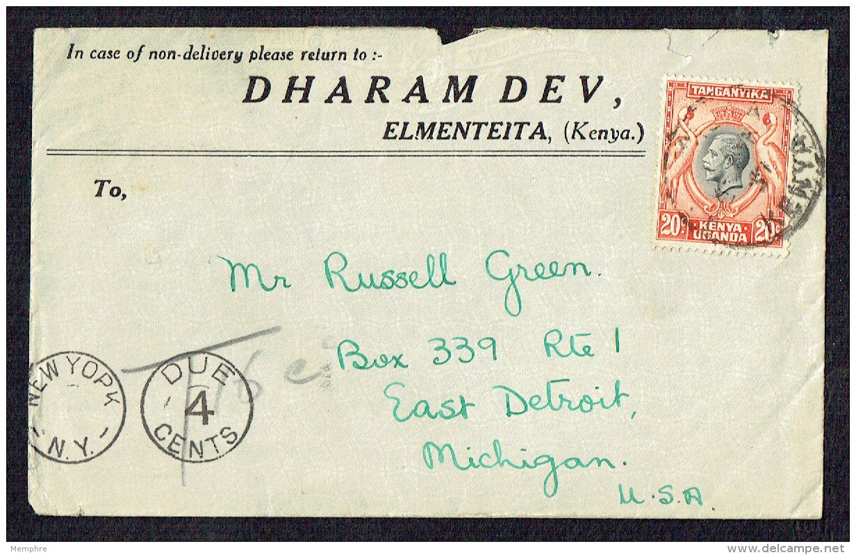 1937 Letter To USA  George V 20 C.  SG 114  US Postage Due Marking - Kenya, Uganda & Tanganyika