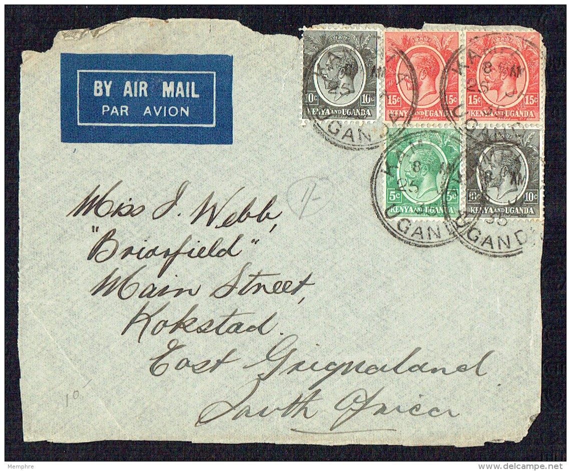 1935  Letter Front Only From Kampala, Uganda To South Africa    SG 78, 80 X2, 82 X2 - Kenya & Uganda