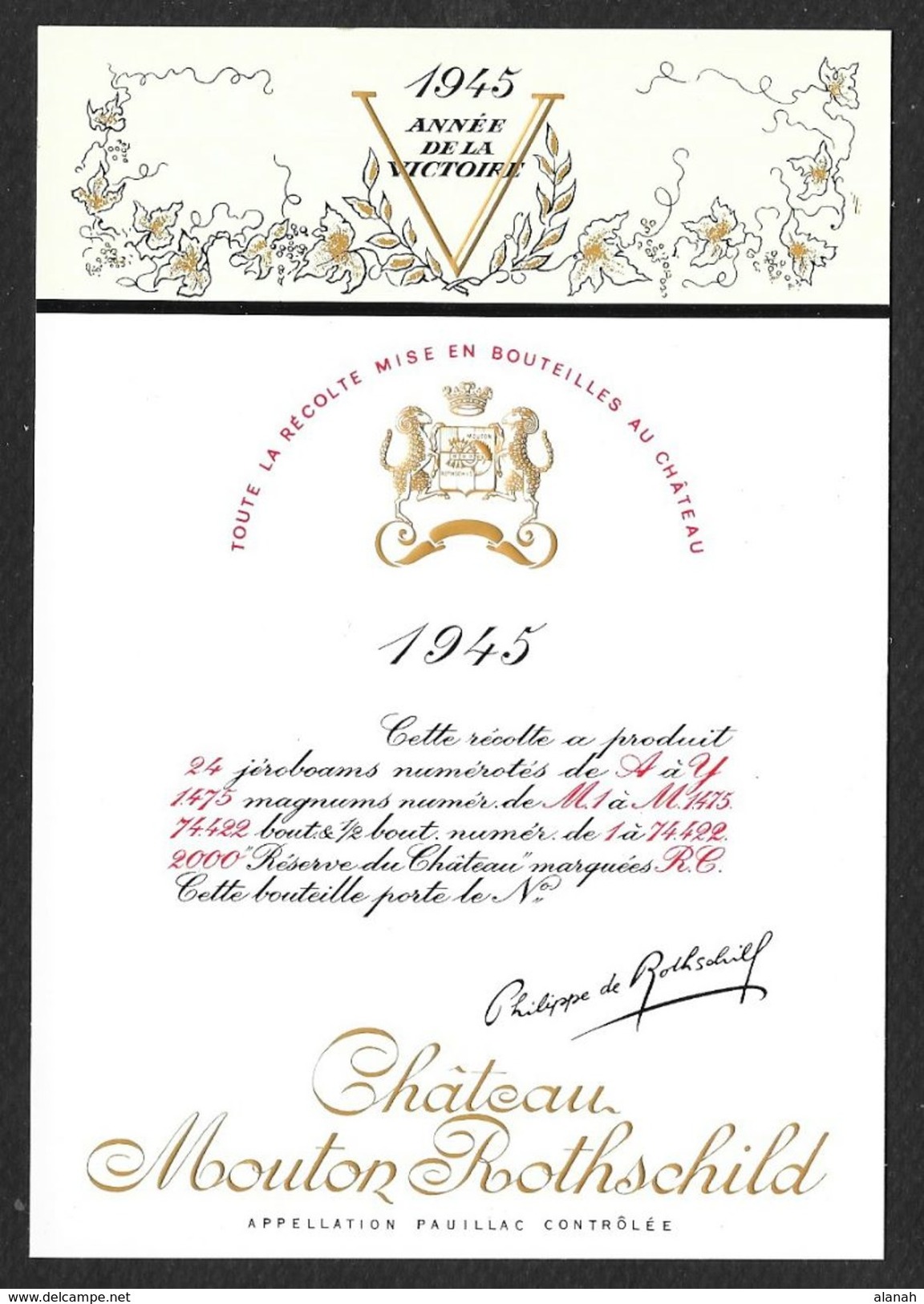 Etiquette De Vin 1945 MOUTON ROTHSCHILD L'Année De La Victoire Gouache De Philippe JULLIAN - Other & Unclassified
