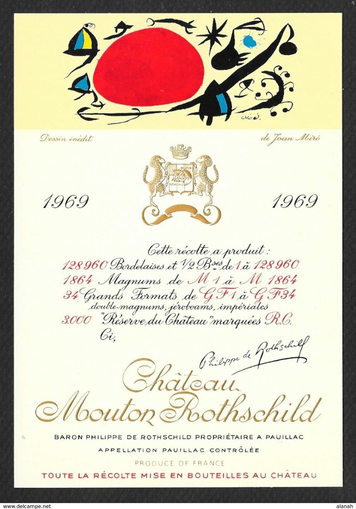 Etiquette De Vin 1969 MOUTON ROTHSCHILD Gouache De Juan MIRO - Other & Unclassified