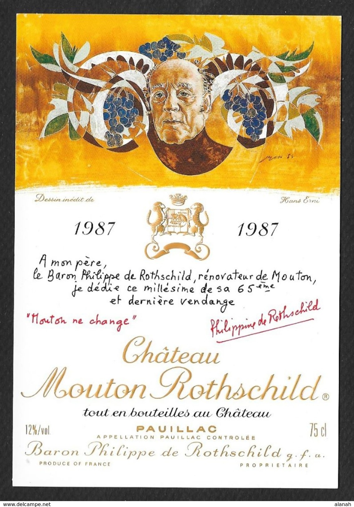 Etiquette De Vin 1987 MOUTON ROTHSCHILD Dessin Inhédit De Hans ERNI - Other & Unclassified