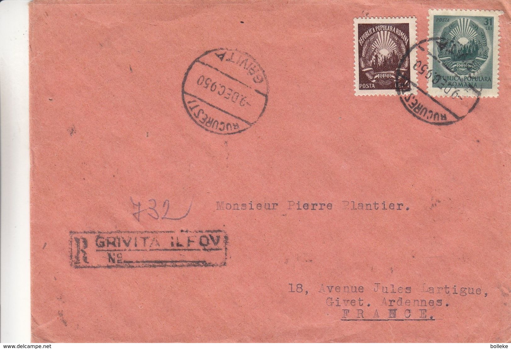 Roumanie -  Lettre Recom De 1950 - Oblit Bucaresti Grivita - Exp Vers Givet En France - - Storia Postale