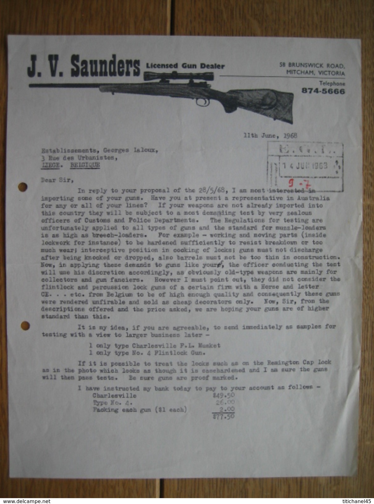 VICTORIA (AUSTRALIA) 1968 - J.V. SAUNDERS - Licensed Gun Dealer - Australie