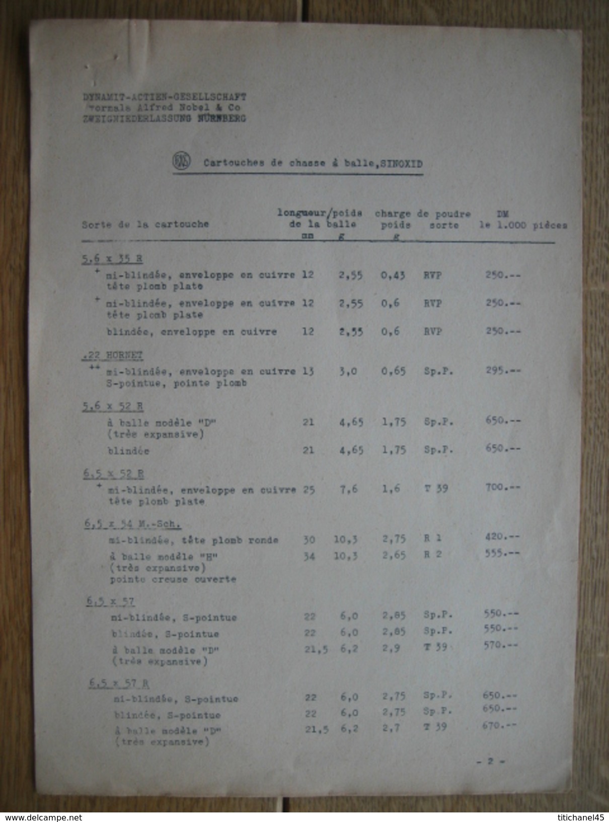 NÜRNBERG 1957 - DYNAMIT-ACTIEN-GESELLSCHAFT Vormals Alfred Nobel & C° - Tarif Cartouches De Chasse à Balle - 6 Pages - Other & Unclassified