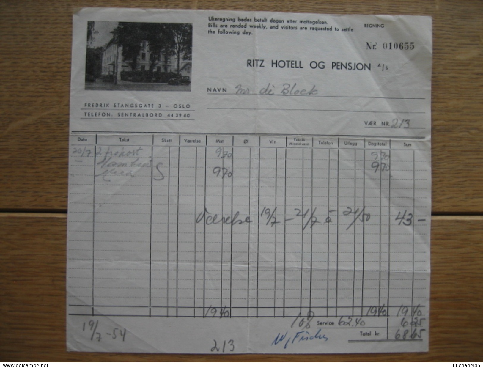 OSLO (NORVEGE) 1954 - RITZ HOTELL - Andere & Zonder Classificatie