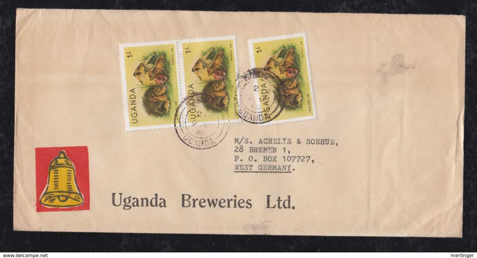 Uganda 1980 Airmail Cover KAMPALA To BREMEN Germany Brewery Beer Advertising 3x 2Sh Lion Stamp - Bières