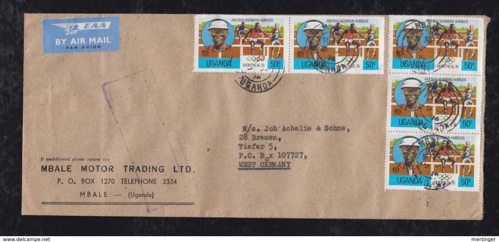 Uganda 1976 Airmail Cover MBALE To BREMEN Germany 5x 50c Olympia Stamps - Uganda (1962-...)