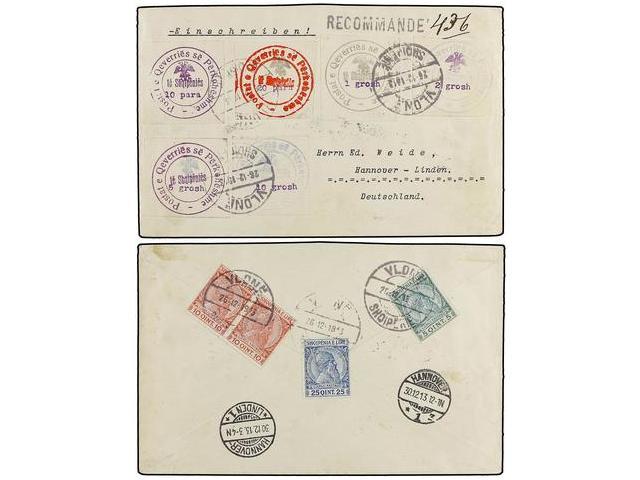 ALBANIA. Yv.14/19, 26, 27 (2), 28. 1913. VALONA To GERMANY. Extraordinary Franking On Front And Back. - Autres & Non Classés