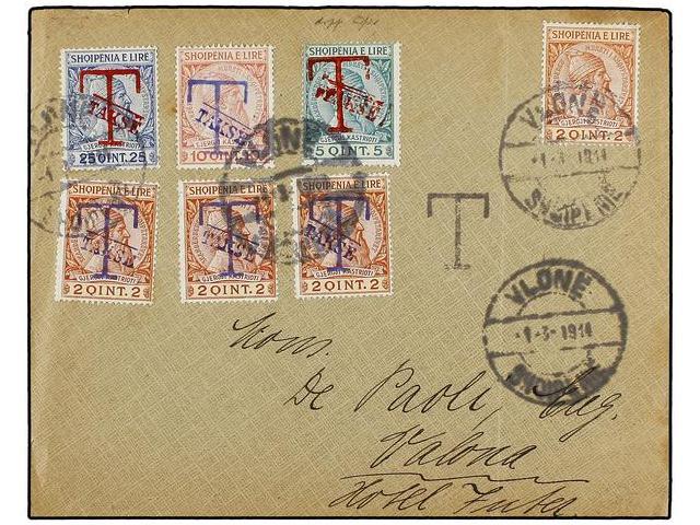 ALBANIA. Mi.29 + P1 (3), P2, P3, P4. 1914. VLONE Envelope Franked With 2 Q. Stamp And Postage Due Stamps Of 2 Q. (3), 5 - Otros & Sin Clasificación