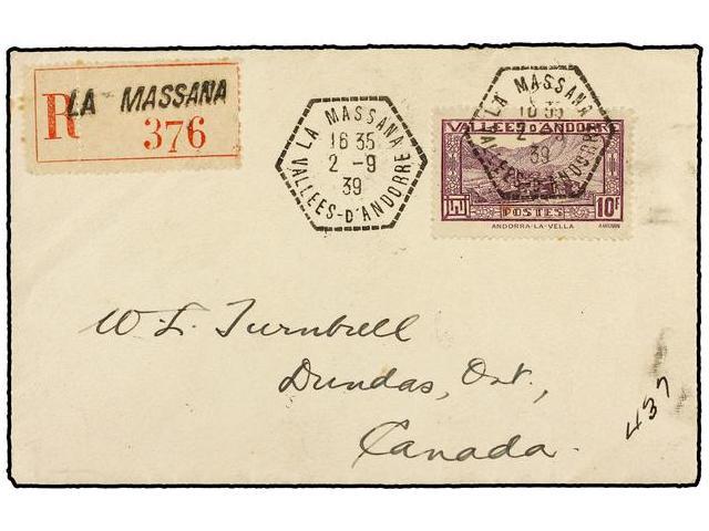 ANDORRA: ANDORRA FRANCESA. 1939. LA MASSANA A CANADA. 10 Fr. Violeta, Carta Certificada, Al Dorso Llegada. - Other & Unclassified