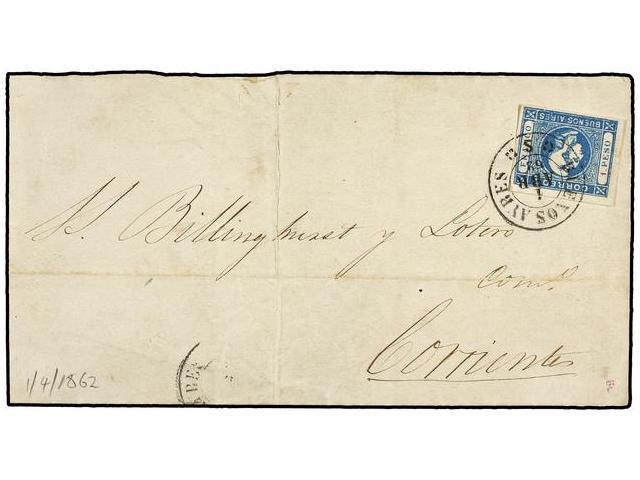 ARGENTINA. 1862. BUENOS AIRES. BUENOS AIRES A CORRIENTES. 1 Peso Azul. MUY BONITA. - Other & Unclassified