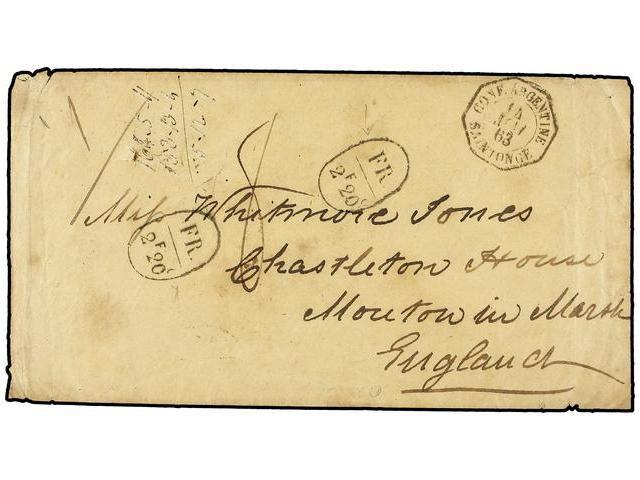 ARGENTINA. 1863 (May 14). Stampless Cover From BUENOS AIRES To ENGLAND Struck With Fine Octagonal French Paquebot CONF. - Otros & Sin Clasificación