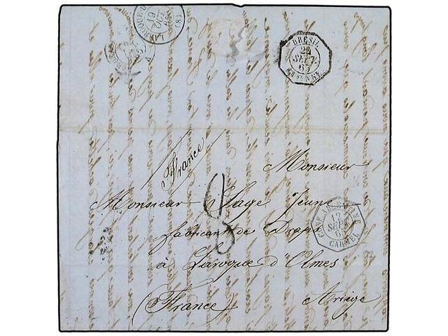 ARGENTINA. 1865. BUENOS AIRES A FRANCIA. Fechador Octogonal CONF. ARGENTINE/CARMEL (Salles 1034) Y Al Dorso BRESIL/GUYEN - Other & Unclassified