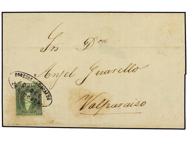 ARGENTINA. 1866 (12 Noviembre). MENDOZA A VALPARAISO (Chile). 10 Cts. Verde, Mat. Ovalado CORREOS NACIONALES/FRANCA/MEND - Other & Unclassified