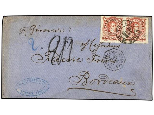 ARGENTINA. 1874 (24 Junio). BUENOS AIRES A FRANCIA. 8 Cts. Rojo Carmín. Circulada Por Correo Francés, Fechador BUENOS AY - Autres & Non Classés