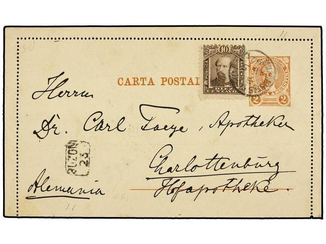ARGENTINA. 1892. BUENOS AIRES A ALEMANIA. Entero Postal De 2 Ctvos. Castaño Rojo Con Franqueo Adicional De 10 Ctvos. Cas - Other & Unclassified