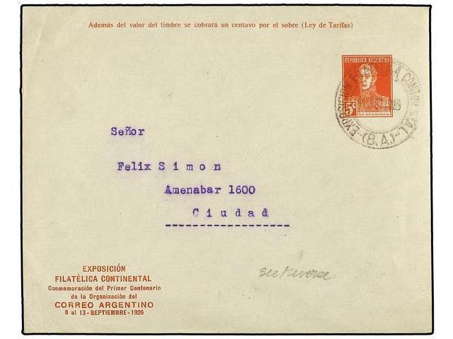 ARGENTINA. 1926. BUENOS AIRES. Entero Postal De 5 Ctvos. Rojo Con Mat. EXPOSICION FILATÉLICA CONTINENTAL. - Otros & Sin Clasificación