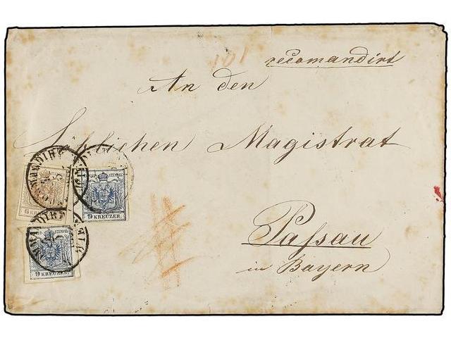 AUSTRIA. Mi.4Y, 5Y. 1857 (March 4). Registered Cover From VIENNA To PASSAU (Bavaria) Franked On Obverse With 1850-54 Mac - Other & Unclassified