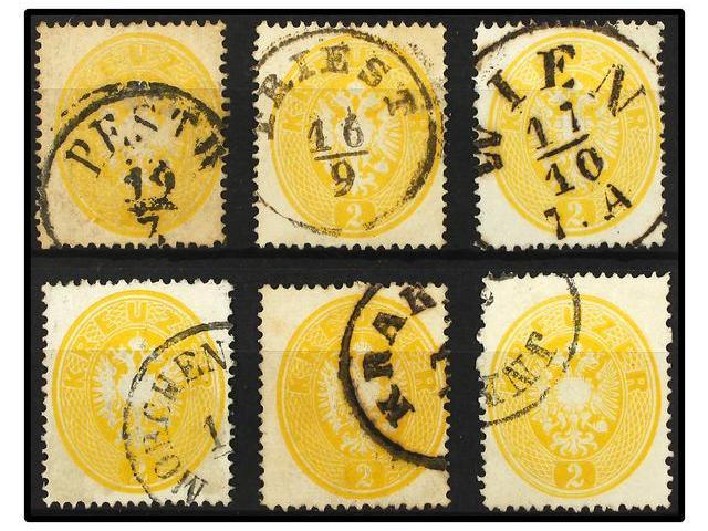 ° AUSTRIA. Mi.24 (6). 1863. 2 Kr. Yellow. 6 Fine Used Stamps. Michel.780&euro;. - Autres & Non Classés