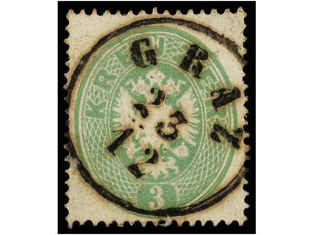 ° AUSTRIA. Mi.25. 1863. 3 Kr. Green. GRAZ Cancel. Very Fine. Michel.110&euro;. - Autres & Non Classés