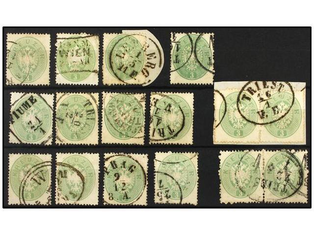 ° AUSTRIA. Mi.25 (16). 1863. 3 Kr. Green. 12 Stamps And 2 Pairs. FINE. Michel.+1.800&euro;. - Autres & Non Classés