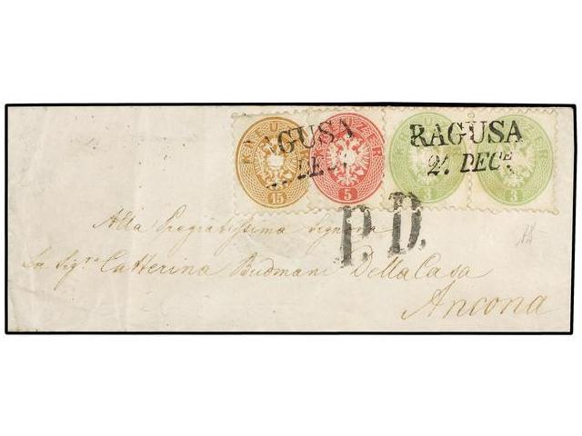 AUSTRIA. Mi.31, 32, 34. 1864. 3kr. Pale Green Pair, Single 5kr. Rose And 15kr. Brown All Used On Cover To ANCONA, Tied B - Andere & Zonder Classificatie