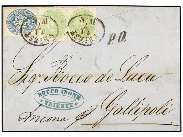 AUSTRIA. Mi.31 (2), 33. 1867. TRIEST To GALLIPOLI (Italy). 10 Kr. Blue And Pair Of 3 Kr. Green. FINE. - Autres & Non Classés