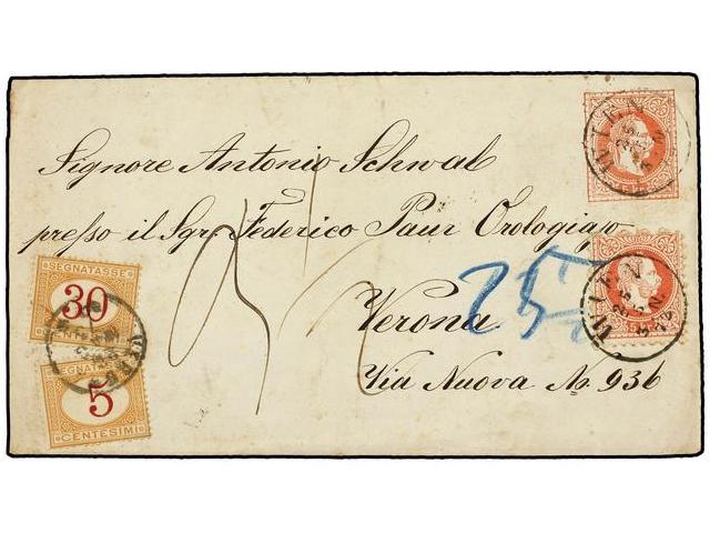 AUSTRIA. 1873. WIEN To VERONA (Italy). 5 Kr. Rose Postal Stationary Envelope Uprated With 5 Kr. Red Taxed On Arrival Wit - Autres & Non Classés