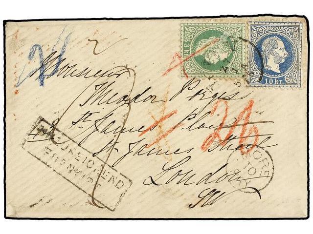 AUSTRIA. 1875. WIEN To LONDON. 3 Kr. Green And 10 Kr. Blue, Boxed Struck INSUFFICIEND/ FRANKING And Circular MORE/TO/PAY - Autres & Non Classés