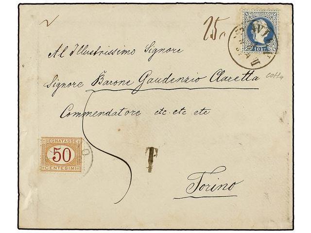AUSTRIA. 1882. WIEN To TORINO (Italy). 10 Kr. Blue Taxed With Italian Stamp Of 50 Cts. Orange And Red. - Autres & Non Classés