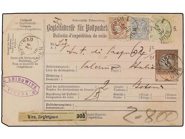 AUSTRIA. Mi.45, 47, 49. 1890. WIEN To ITALY. PARCEL RECEIPT Franked With 3 Kr. Green, 10 Kr. Blue And 50 Kr. Lilac. Fine - Autres & Non Classés