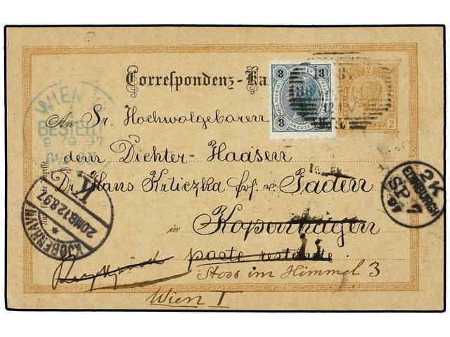 AUSTRIA. 1897. HINTZING To COPENHAGEN Redirected To REYKJAVIK And Returned To VIENA. Postal Stationary Card Updated With - Autres & Non Classés