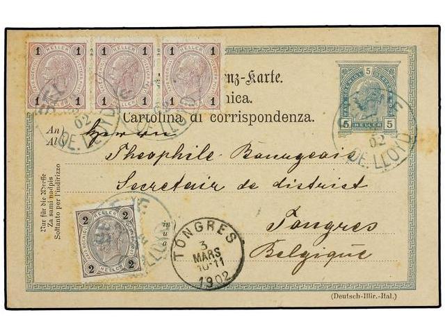 AUSTRIA. 1902 (Feb 28). 5 H. Green Stationery Card Used To BELGIUM Up-rated With Strip Of Three 1899 1 H. Mauve And 2 H. - Autres & Non Classés