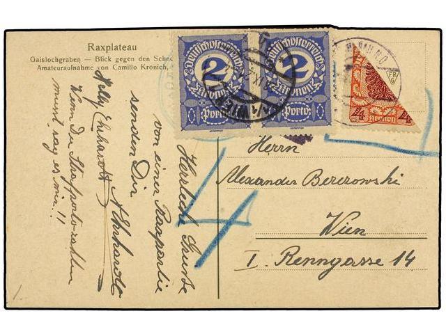 AUSTRIA. 1921. 4 Kr. Bisected Stamp On Postcard, Not Accepted And Taxed On Arrival With 2 Kr. Blue (2) Stamps. - Autres & Non Classés