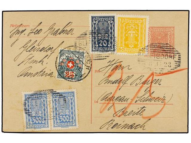 AUSTRIA. 1923. HEINSDORF To SWITZERLAND. 200 Kr. Rose Postal Stationary Uprated With 20 Kr., 80 Kr. And 300 Kr. (2), Tax - Autres & Non Classés