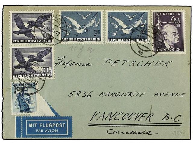 AUSTRIA. 1950. Airmail Cover To CANADA Franked By 1948 Costumes 10 G., Birds 60 G. Pair And 2 X 2 S. With 1950 Madersper - Autres & Non Classés